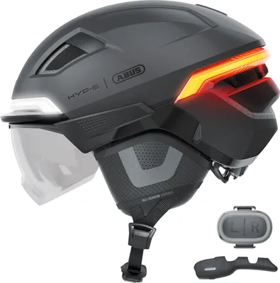 Produktbild von ABUS Fahrradhelm HYP-E B.LACE - mit Front-, Rück- und Blinklicht sowie kabellos zu aktivierendem Bremslicht - mit Visier und Ohrenschützern - für Fahrrad, E-Bike und S-Pedelec - Grau, Größe M (54-58 cm)