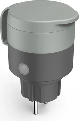 A product shot of a gray and dark gray smart plug.
