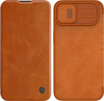 A brown leather phone case is shown from the front and back.