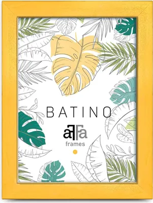 A yellow picture frame with a tropical leaf pattern inside.