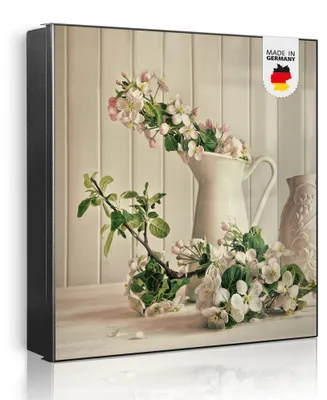 Zdjęcie produktu dla banjado metalowa szafka na klucze, duża 30x30 cm z 32 haczykami, może służyć jako tablica magnetyczna, czarny korpus, zawias po prawej stronie, Stillleben Kirschblüten [SKG1 10539]