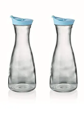 Produktbild von Karaffe 1 Liter Deckel blau 2 Stück Dekanter Wasserkaraffe Glaskaraffe Kanne