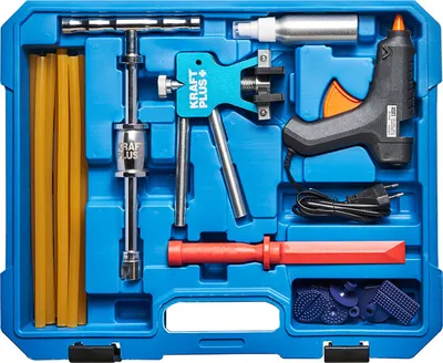Produktbild von KRAFTPLUS Profi Ausbeulwerkzeug-Satz für lackierfreie Reparatur, Hagelschaden, K.872-5010, Dellenlifter, Gleithammer, Dellenzieher, 3-60 kg, 9 Ausbeulpads, sortierter Transportkoffer