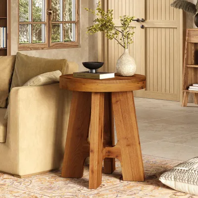 Zdjęcie produktu dla Stolik pomocniczy Tribesigns, stolik nocny w stylu wiejskim, wykonany z litego drewna, idealny do salonu, stolik w stylu mid-century modern z solidnymi nogami, orzech