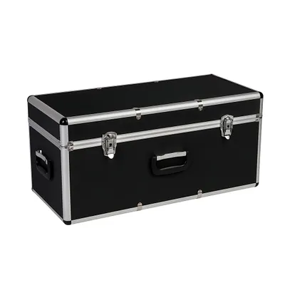 A black transport case with silver trim and handles, shown against a white background.