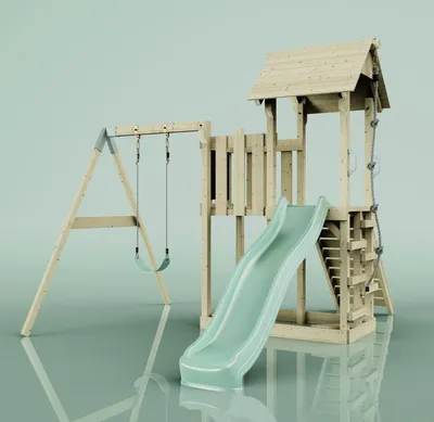 Produktbild von OutdoorToys Spielturm mit Wellenrutsche und Kinder-Schaukel, Outdoor Klettergerüst Garten mit Plattform, Ausführung: Kinderschaukel, Farbe: Mintgrün, mit Kinderschaukel