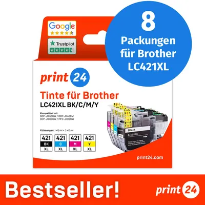 Image de NOUVEAU : print24 Cartouches d'encre pour Brother LC421XL, multipack (BK/C/M/Y), 8 pièces