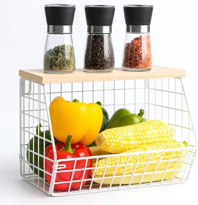 Image de Étagère pour fruits et banc de rangement - Panier en métal - 30x21x20 cm - Blanc - Naturel