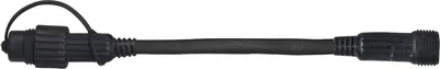 A black cable with two connectors on either end, one with a cap attached by a string.