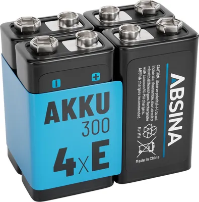 Four 9V rechargeable batteries are bundled together with a blue plastic holder.