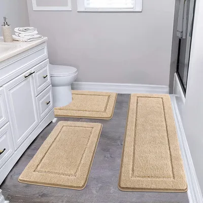 Image de Lot de tapis de bain en microfibre, 3 pièces, antidérapants, lavables, comprenant des tapis de bain et un tapis de WC, lot de tapis de salle de bain absorbants, beige