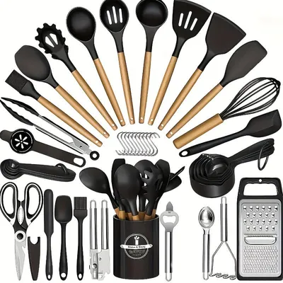 Image de Ensemble de ustensiles de cuisine haut de gamme en silicone avec manches en bois et support