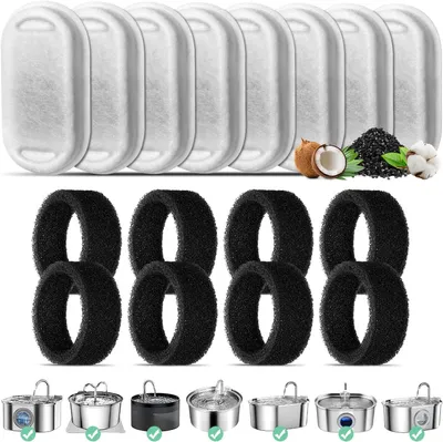 Produktbild von Katzenbrunnenfilter, 8 Ersatzfilter für 3,2-l-/2-l-Edelstahl-Katzenbrunnen, 8 Filter mit Aktivkohle und 8 Schaumstofffilter für Katzenbrunnen