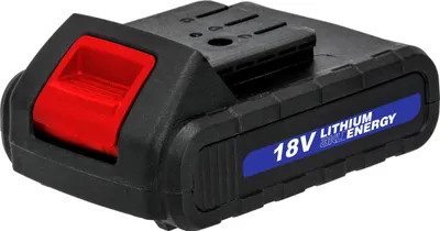 A black rechargeable battery pack with a red release button and a blue label indicating "18V LITHIUM ENERGY".