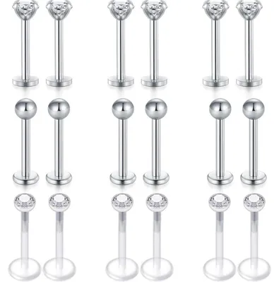 Produktbild von Piercing Set 18 Stück Edelstahl & Bioflex 16G 10mm Tragus Helix Labret Silberfarben Hypoallergen