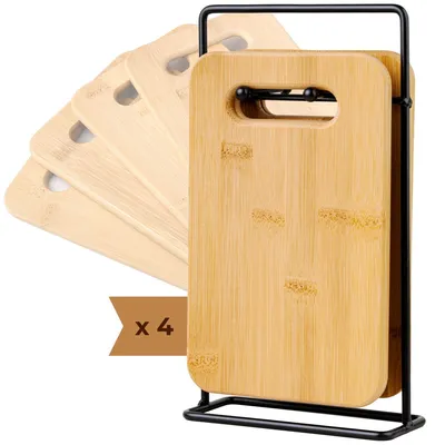 Produktbild von Schneidebrett aus Holz mit Ständer (4-teilig). Multifunktionales Holzbrett für die Küche, geeignet zum Schneiden und Zerkleinern von Fleisch, Wurst, Käse, Brot usw. Schneidebrett aus Bambus für die Küche.