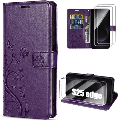 Image de Coque + 2 Verres Trempés pour Samsung Galaxy S25 Edge, Protection Synthécuir Relief Floral - Violet Foncé