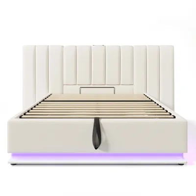 Produktbild von Flieks Hydraulisches Polsterbett 160x200cm mit Ladefunktion, Doppelbett Boxspringbett Jugendbett mit LED, Stauraumbett mit Lattenrost, PU, Weiß