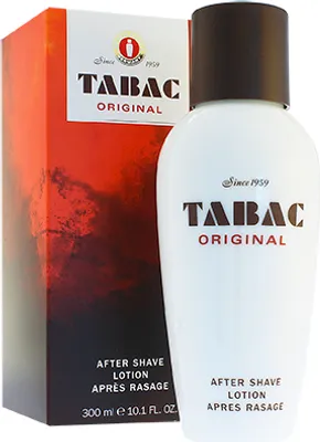 A bottle of Tabac Original After Shave Lotion and its packaging.