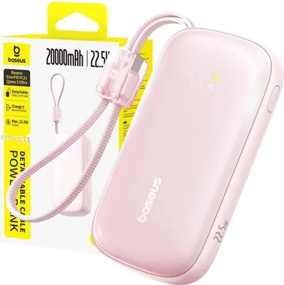 Produktbild von BASEUS Powerbank 20000mAh 22,5W USB-C/A Schnelles Laden Rosa 2-in-1 Kabel