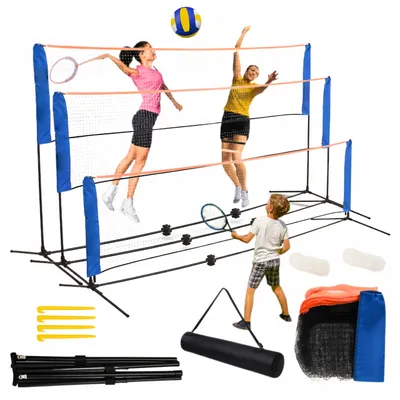Obrázek produktu pro Velká multifunkční síť 3 v 1 pro volejbal, badminton a tenis, výškově nastavitelná, 225 cm, s taškou