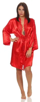 Produktbild von Damen Morgenmantel kurzer Kimono in Satin-Optik Spitze; Rot L