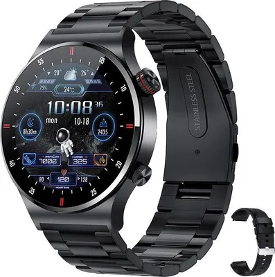 Produktbild von NFC Bluetooth Call Smartwatch Vollbild-GPS-Sportarmband Wasserdichtes EKG-Gesundheitsmonitor-Smartwatch fš¹r iOS Android, Schwarzes Stahlgeh?use + Silikonarmband