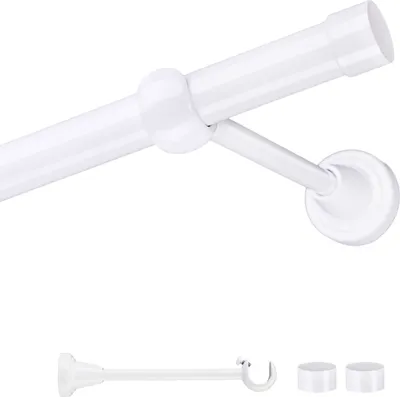 A white curtain rod with a bracket and two end caps shown against a white background.