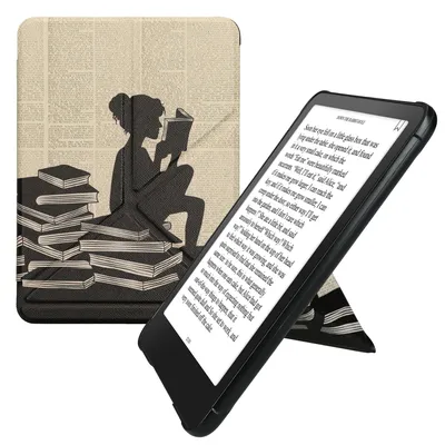 Produktbild von kwmobile Kunstleder eReader Schutzhülle für Amazon Kindle Paperwhite (2024)/Colorsoft Hülle - Falt Cover für E-Reader in Schwarz Beige - Lesende Frau