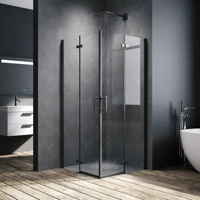 Image de SONNI Noir Paroi de douche 100x100x195cm Porte pliante Porte de douche accès d'angle 6mm NANO verre clair Porte pliante pivotante Accès d'angle Salle de bains