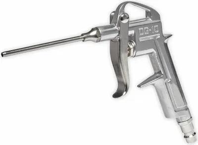A silver air duster gun with a long nozzle is shown against a white background.