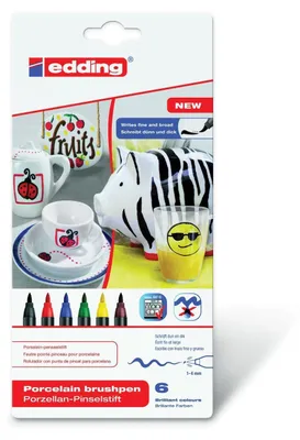 Produktbild von EDDING 4200 porcelain - Pinselstift - für Glas, Keramik, Porzellan - Schwarz, Rot, Blau, Grün, Gelb, braun - Wasserbasierte Pigmenttinte - 1-4 mm (Packung mit 6)