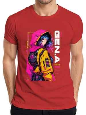 Productafbeelding van T-shirt voor heren, met print van een cyberpunk-meisje met een futuristisch cybernetisch ontwerp, in Japanse stijl, geïnspireerd op de Y2K-tijdperk, in de kleur rood, maat 3XL
