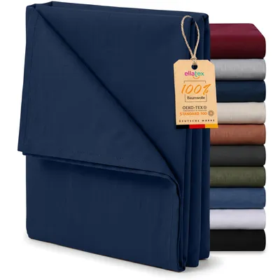 Produktbild von EllaTex Renforcé Bettlaken ohne Gummizug 140x200 Baumwolle – weiches Haustuch & Betttuch, Farbe: Dunkelblau