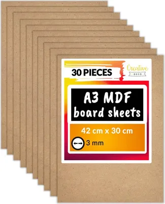 A stack of A3 MDF board sheets with a label showing product details.