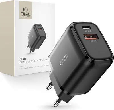 Produktbild von Tech-Protect C20W 2-Port-Netzwerk-Ladegerät Pd20W/Qc3.0 Schwarz