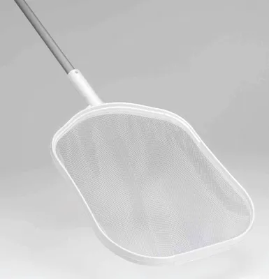 A close-up shot of a pool skimmer net with a handle against a plain background.