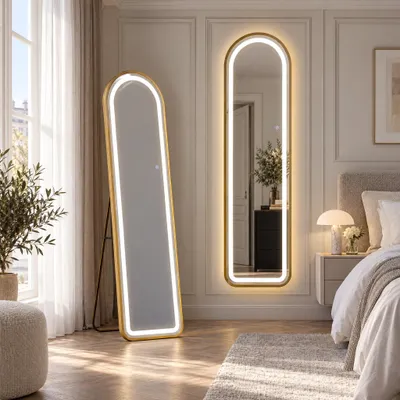 Immagine prodotto di Specchio a figura intera INONEFT con illuminazione a LED, 150x40 cm, specchio da terra con parte superiore bombata, specchio da parete, da appendere o da appoggiare al muro, vetro temperato, finitura dorata