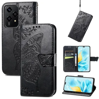 Produktbild von Für Honor 200 Lite Kunstleder Wallet Handy Tasche Schmetterling Design Hülle Etuis Schwarz