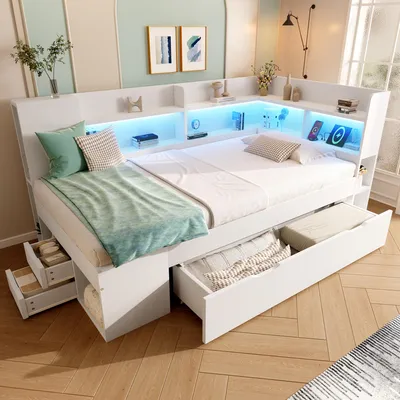 Produktbild von okwish Einzelbett Schlafsofa 90x200 mit Ladeanschlüsse und LED-Beleuchtung,Funktionsbett mit Stauraum und Regalen,Schubladen,für Jugendzimmer,Weiß (ohne Matratze)