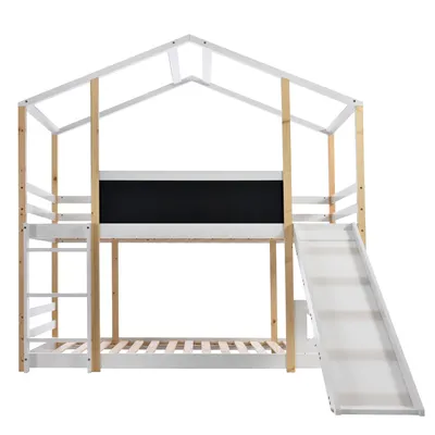 Produktbild von Flieks Etagenbett 90x200cm Kinderbett mit Rutsche und Tafel, Hochbett mit Rausfallschutz, Hausbett mit Leiter, Massivholz mit Lattenrost für 2 Kinder