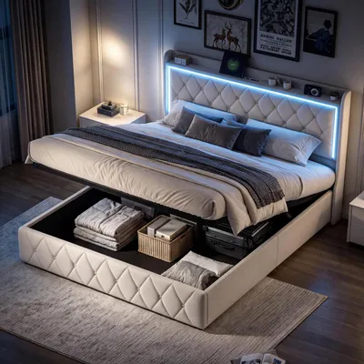 Obrázek produktu pro Postel s čalouněnou konstrukcí 160x200 cm, s úložným prostorem, LED podsvícenou čelní stranou a USB-C porty, dvoulůžko s roštovou základnou, barva: béžová sametová
