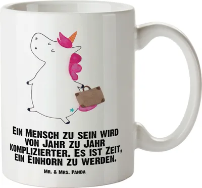 Produktbild von Mr. & Mrs. Panda Haferl Einhorn Koffer - Weiß - Geschenk, jumbotasse, Große Tasse, Deko, steingut, Pott, Lustig, Reise, Teebecher, Einhörner, Abenteuer