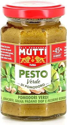 Produktbild von 12x Mutti Pesto Verde Pomodori Verdi Grünes Tomatenpesto Pasta Sauce 100% italienische Tomate Glas 180g Würzsaucen mit Cashewnüssen, Grana Padano und Pecorino Romano