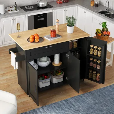 Zdjęcie produktu dla Mobilny stół kuchenny z drewna dębowego, wysokość 90 cm, z rozkładanym blatem, półką na przyprawy, wieszakiem na ręczniki, 5 kółkami