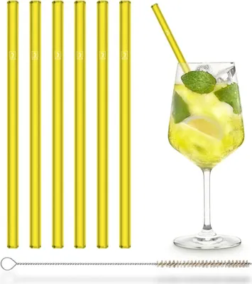 Image de HALM Paille en verre jaune NEON 6 pièces 20 cm 6 pailles + brosse de nettoyage sans plastique - Résistant au lave-vaisselle - Durable - Paille en verre lumière noire fête