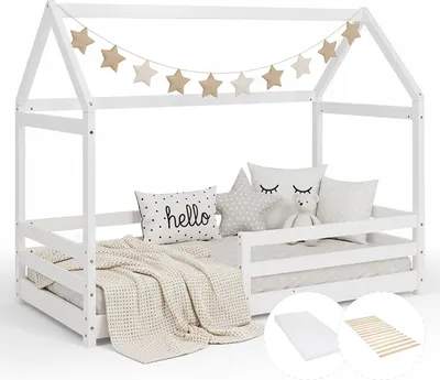 Image de Lit D'Enfant 80x160 cm avec Matelas Lit Cabane Montessori avec Barriere Lit Montessori Bébé Lit Maison