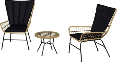 Produktbild von 3-teilige Rattan-Sitzgruppe Gartengarnitur Gartenmöbel-Set mit 2 Stühlen & Beistelltisch Hartglasplatte und Kissen