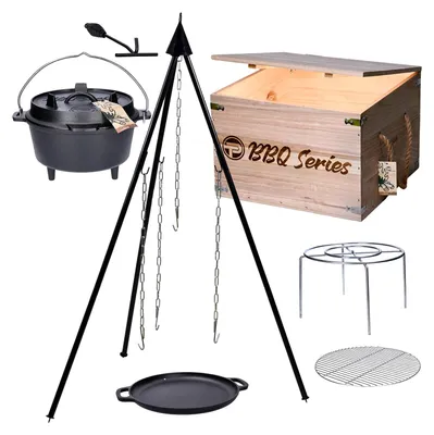 Produktbild von Gusseiserner Dutch Oven Schmortopf Bräter - 7-teilig - Mit Dreibein und Grillrost - Für Camping und Grill