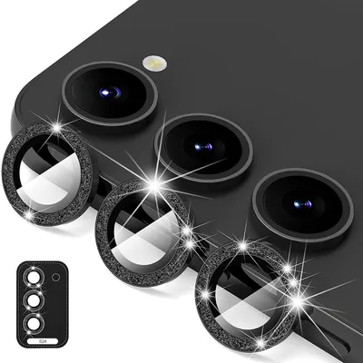 Immagine prodotto di Per Samsung Galaxy S24 Fotocamera ad anello in alluminio glitterato + H9 Vetro duro temperato Nero